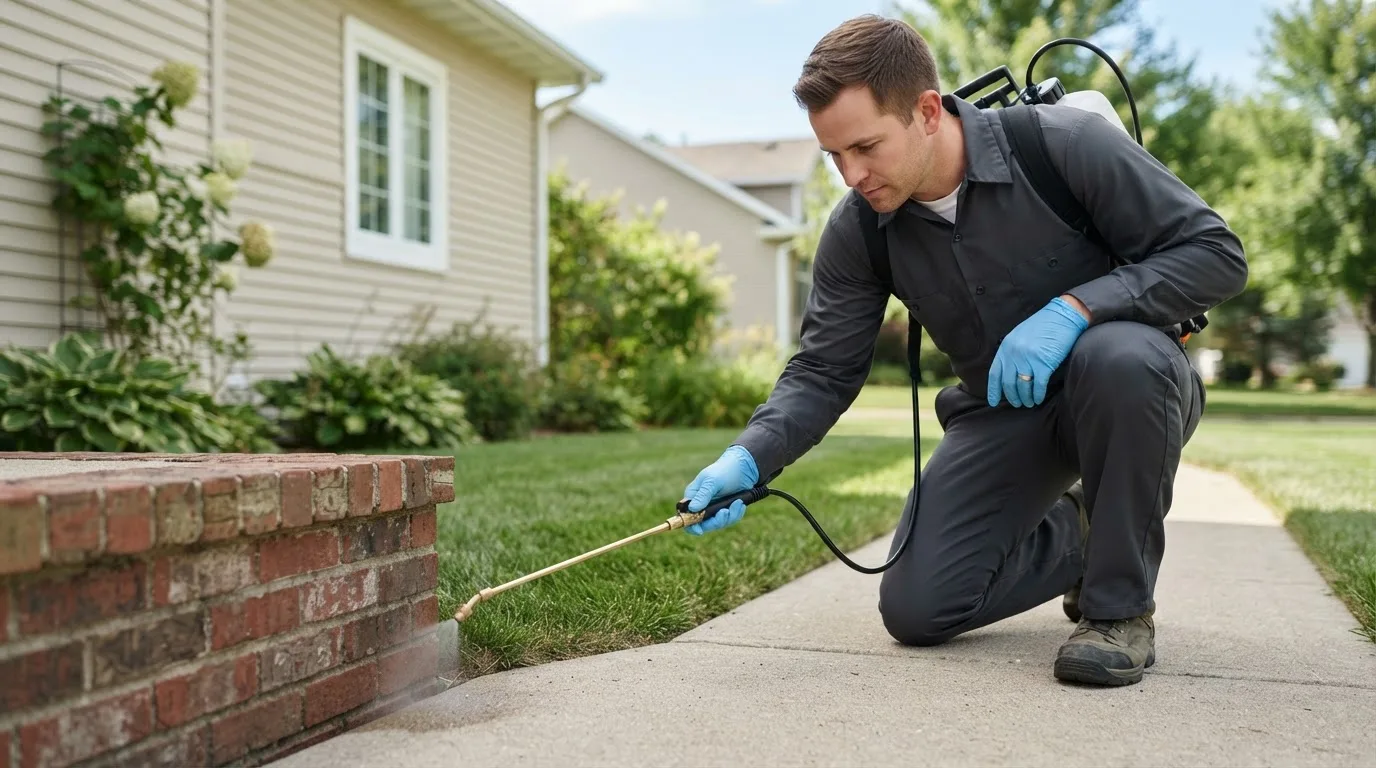 Pest control technician treating a home near Laconia, NH
