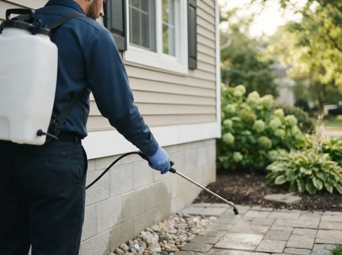 Pest control technician inspecting a home in Laconia, NH